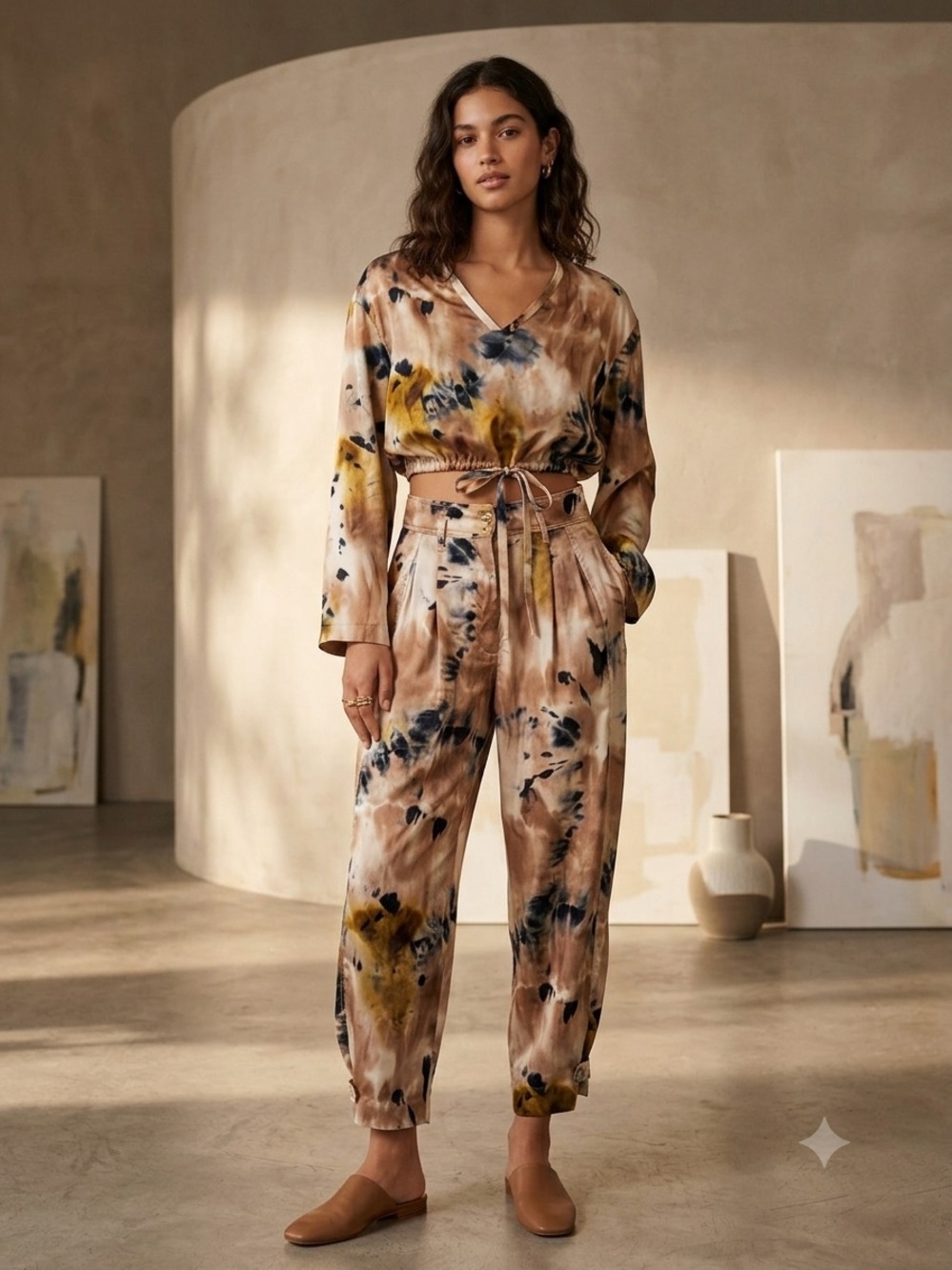 ZARA Satin 2-Piece Set Abstract Watercolor Tie Dye Crop Top & Pleated Pants S